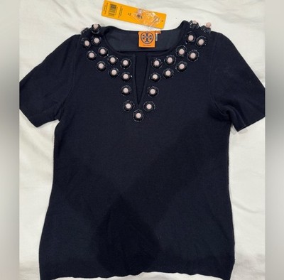 TORY BURCH sz XS Navy Blue Jeweled Wool ADRIANNA Short Sleeve Sweater Knit Top