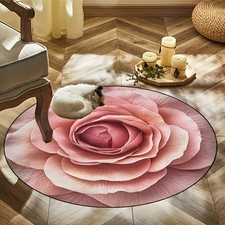 Non-Slip Round Mat w/Vibrant Pink Rose Design,Machine Washable Polyester Mat for