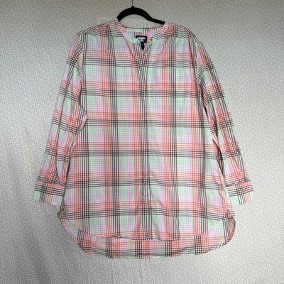 Lands End Plaid Tunic Shirt Womens L Lightweight Collarless Long Sleeve