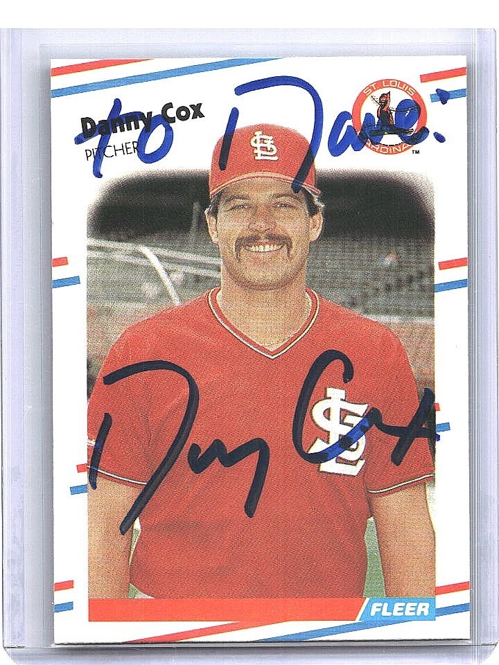 Danny Cox Signed In Person Auto 1988 Fleer #28 St. Louis Cardinals FAST SHIP