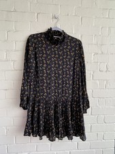 Zara High Neck Smock Mini Dress babydoll Black Floral S 100% Viscose Sheer