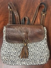 MYRA Bag Brown Leather Flap Black White Rug Canvas Medium Backpack Tassel