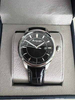 Montegrappa Fortuna Black Dial Leather Strap Palladium Casing Mens Watch