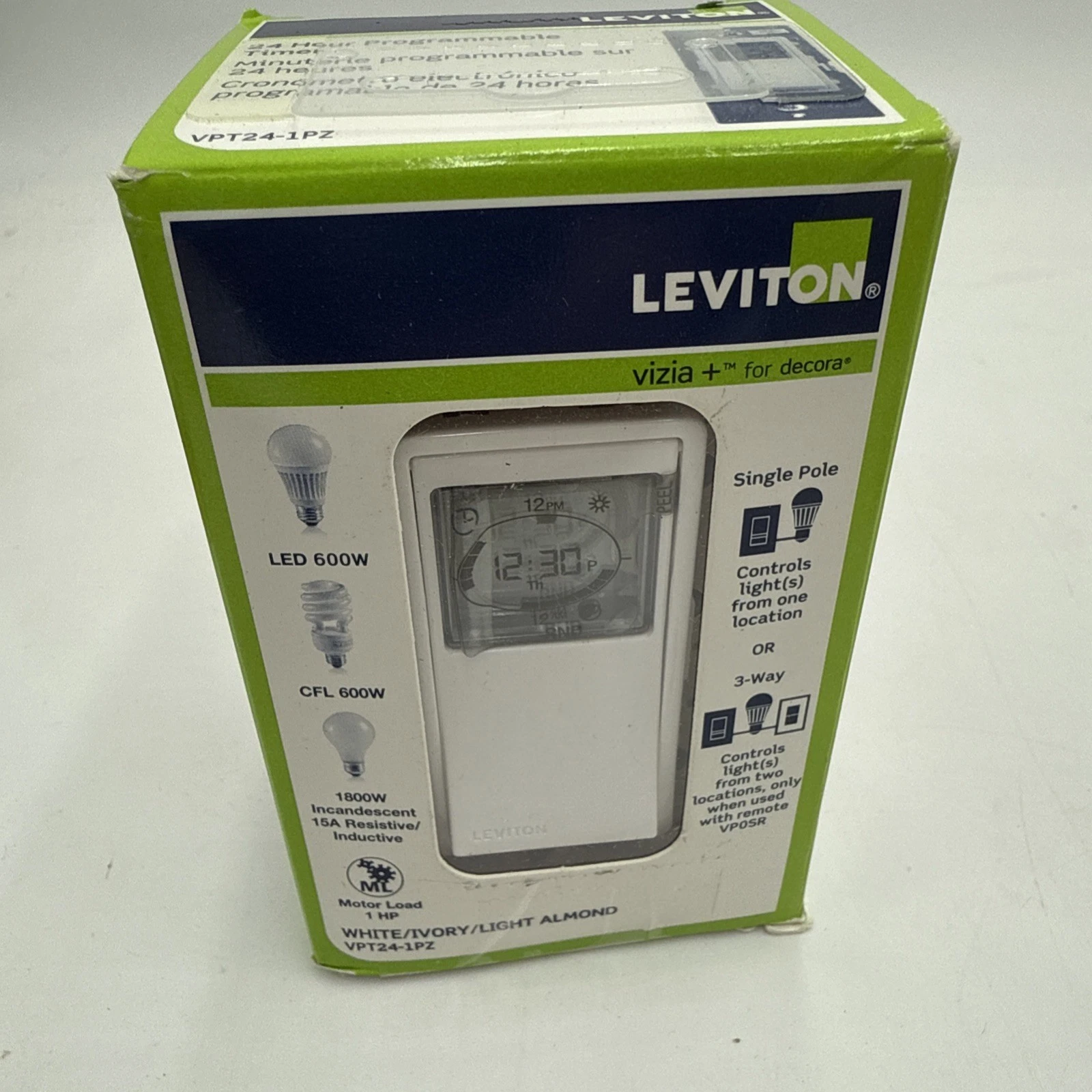 Leviton VPT24-1PZ Decora Programmable Astronomical Timer Switch Lights & Motors
