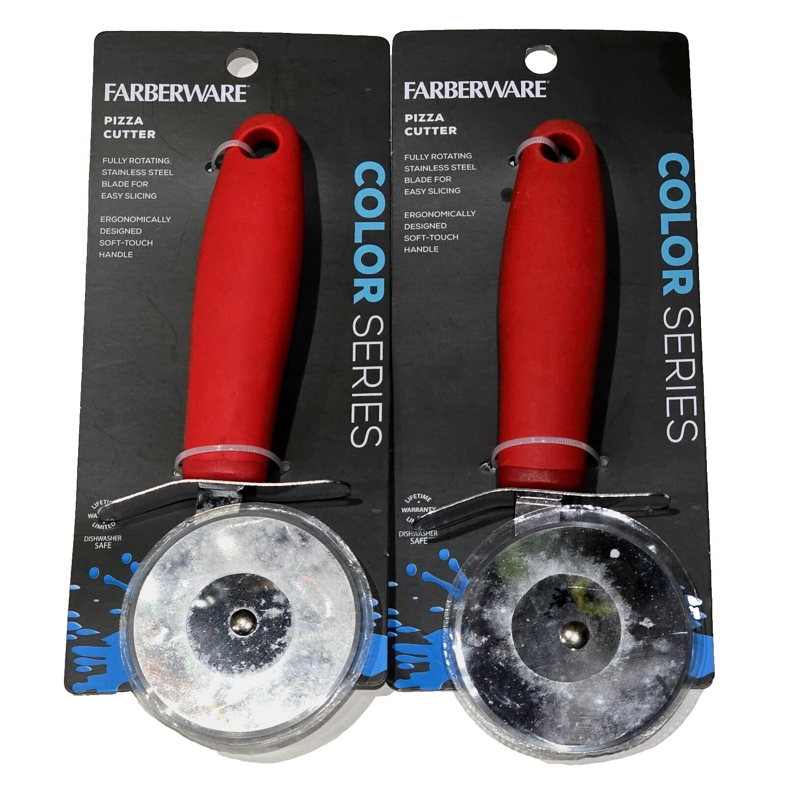 2 Pk Farberware Pizza Cutter Stainless Steel Blade Soft Red Handle Color Series