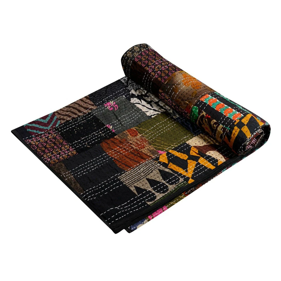 COLCHA COLCHA KANTHA DE SEDA VINTAGE INDIA MANTA TIRO RETAZOS TAMAÑO QUEEN Foto 4 de 4