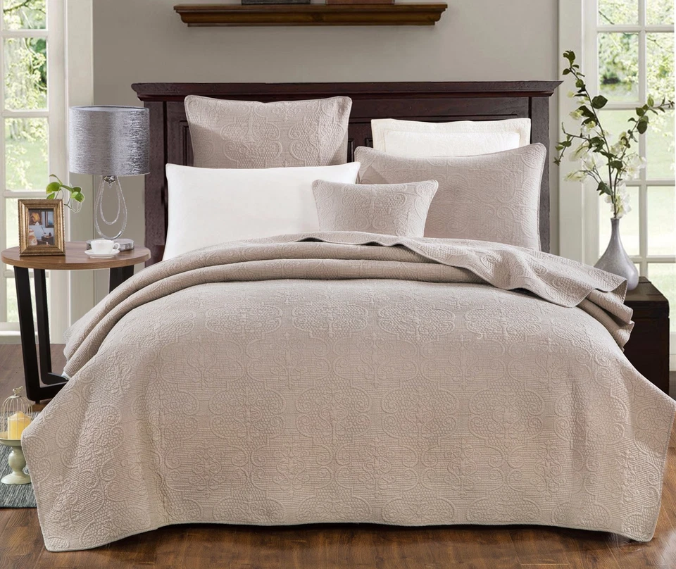 Conjunto de Colcha DaDa Bedding Algodão Floral Neutro Bege Taupe Elegante Cobertor  - Imagem 2 de 4