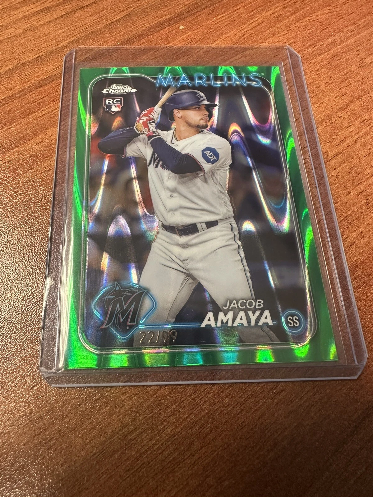 #/99! 🚨2024 Topps Chrome Jacob Amaya RC Green Raywave Miami Marlins Rookie #92