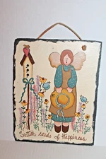 "Scatter Seeds of Happiness" Garden Angel & Birds Handpainted Slate Wall Hanging