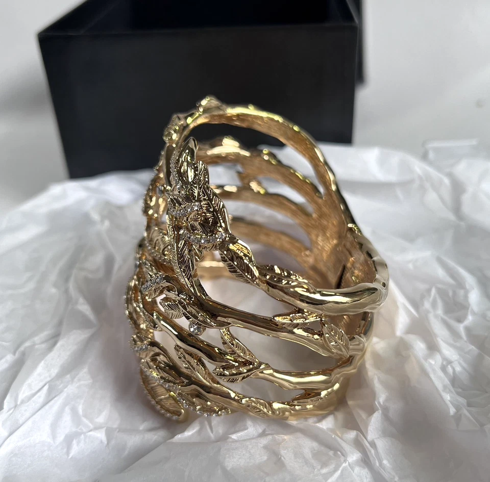 Rachel Zoe Gold Tone Clear Rhinestone Floral Large Cuff Bracelet - Image 2 of 4