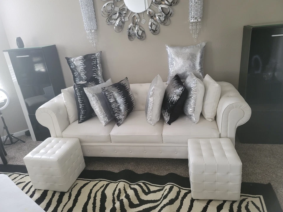 White Leather Small Sofa, with black and white throw pillows for decoration - Image 2 of 2