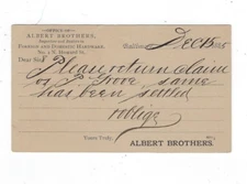 1885, UX8 Postal Card, Baltimore MD, Advertising, Albert Brothers, Hardware