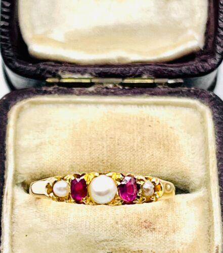 Antique Victorian 22ct Gold, Ruby & Pearl Five Stone Ring, B/Ham Marks 1861 - Picture 4 of 14