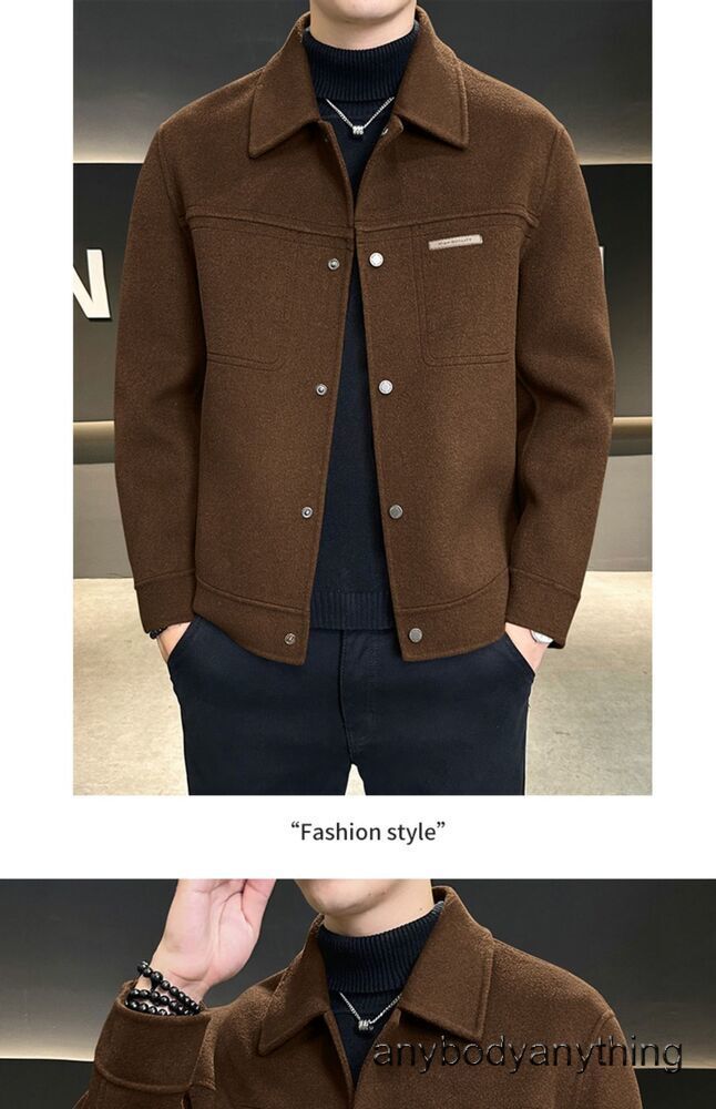 Mens Wool Short Coat British Casual Slim Fit Wool Collar