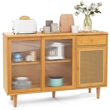Modern Bamboo Buffet Sideboard Storage Cabinet W/ Tempered Glass Sliding Doors