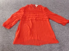 Loft top Medium Red pullover womens sheer ruffles coastal blouse
