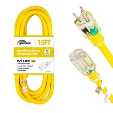 15ft Lighted Outdoor Extension Cord 10/3 Sjtw Heavy Duty Yellow Extension Cable 