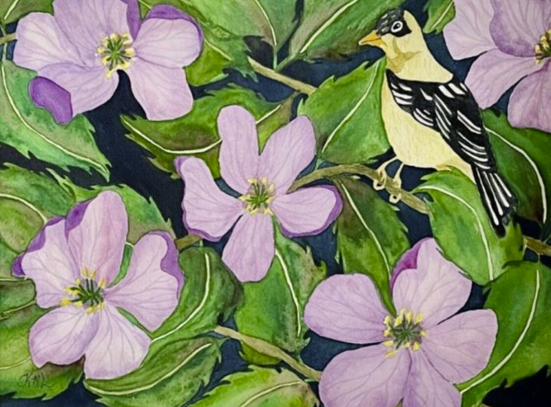 PAINTING WATERCOLOR 11X14 & WHITE DOUBLE MAT 16X20 FLOWER BIRD GOLDFINCH CHERRY