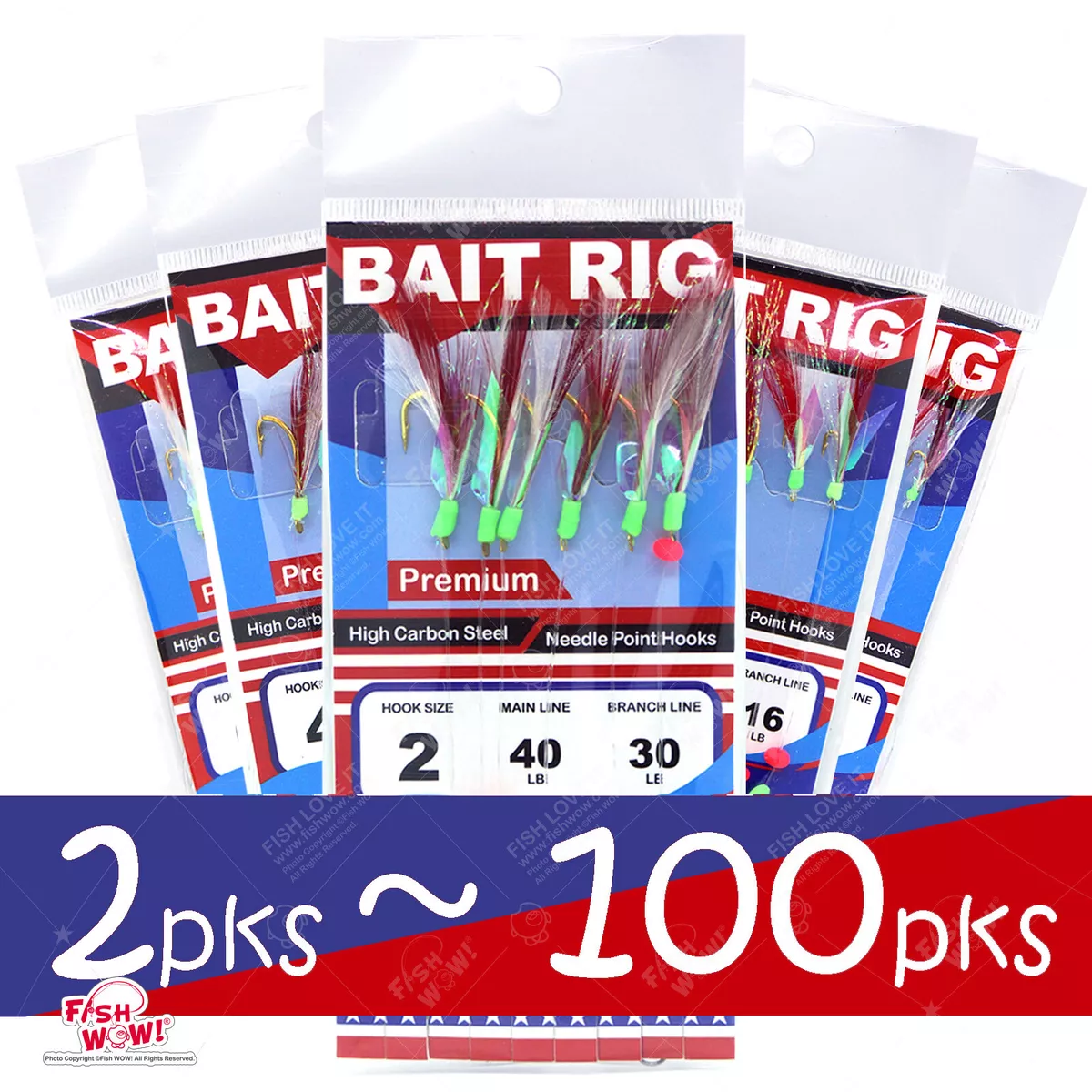 Fishing Sabiki Bait Rig Red White Feather Gold 6-hook Size 2,4,6,8,10,12,14  lot