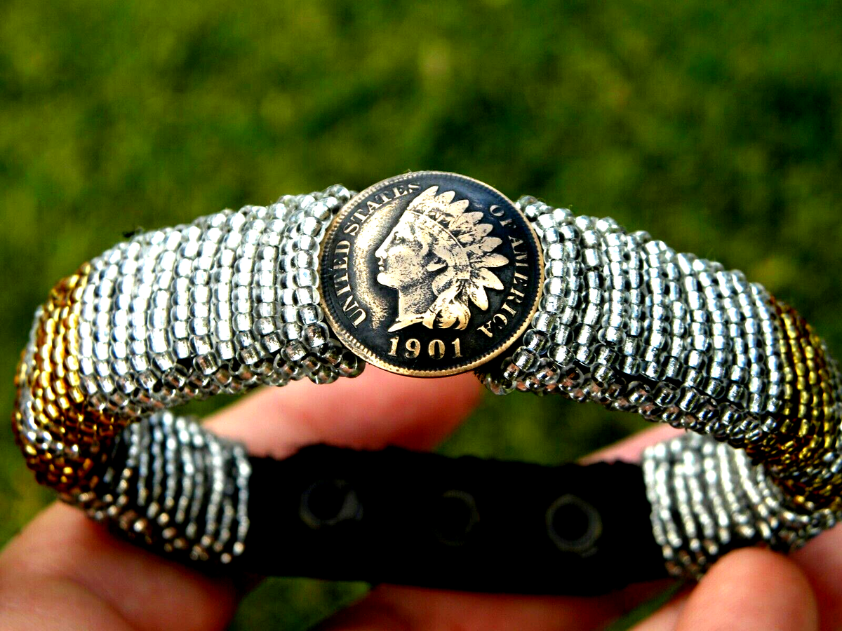 ドライボーンズ／ブレスレット Bracelet authentic 1901 Indian Head penny coin cuff Bison leather