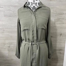 H&M Button Down Belted Long Sleeve Green Casual Shirt Dress Women's Size 4