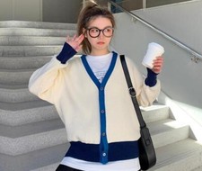 Womens Fashion Winter V Neck Long Sleeve Loose Color Matching Kniting Sweaters