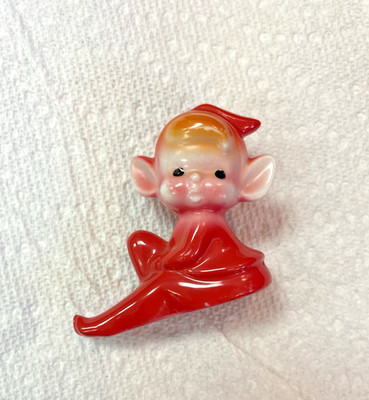 VINTAGE 1950 s FAIRY PIXIE ELF KNEE HUGGER CERAMIC FIGURINE RED JAPAN