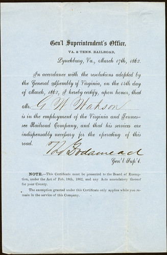 Virginia & Tennessee Railroad General Superintendent Work Exemption Mar 7, 1862
