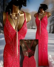 kaleidoscope Red lace beaded 20s 30s deco gatsby evening Party Long dress 12