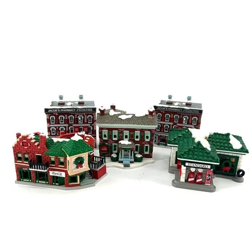 VTG Coca-Cola Trim A Tree Christmas Village Set 5 Buildings Pharmacy Gas Station