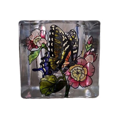 Hand Painted AMIA Thick Stain Glass Votive Candle Holder Butterflies Flowers