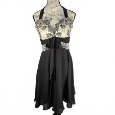 BCBGMAXAZRIA 100% Silk Halter Dress 6 Black Cream Lace Y2K Boho Cocktail Midi