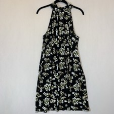 Michael Kors Dress Womens Large Black Green Floral Sleeveless Shift Halter Neck