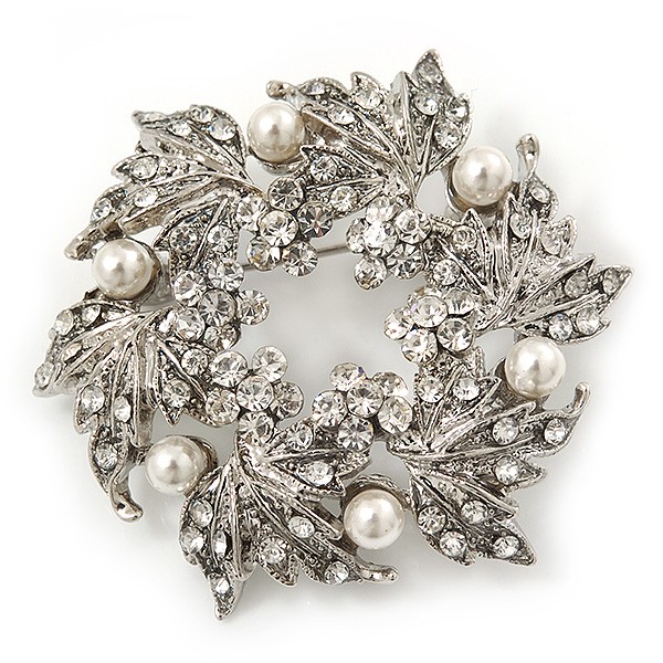 Clear Crystal, White Simulated Pearl Wreath Brooch In Rhodium Plating - 4cm