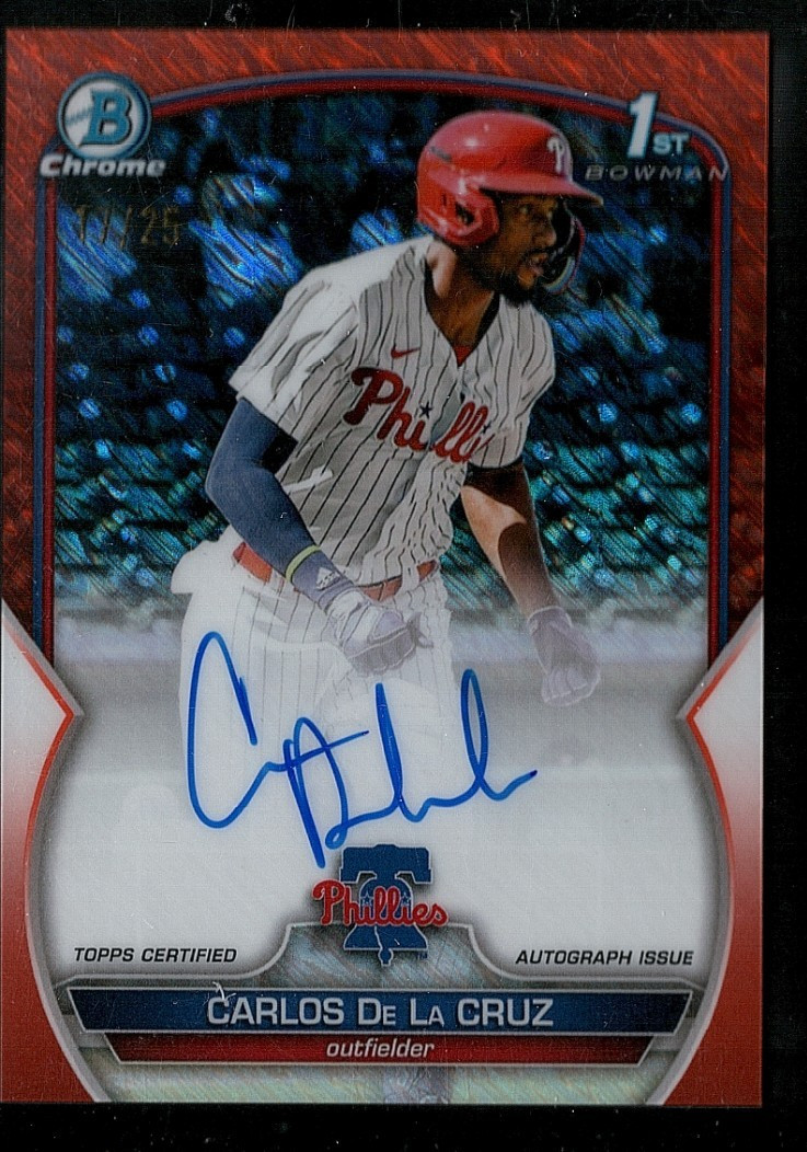 2023 1st Bowman Chrome Carlos De La Cruz Auto Orange Shimmer 17/25 #CPA-CDC