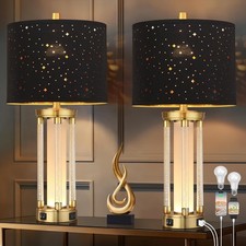 Gold Table Lamps Set of 2 with USB A C Ports, Morden Bedside Lamps with Night Li