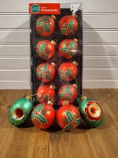Winter Wonder Lane 10 Christmas Glass Ornaments Red Green Gold Holly + 2 Extra