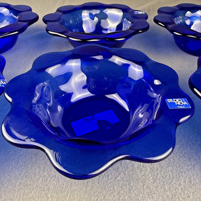 6 Studio Nova Italy Cobalt Blue Glass Soup Cereal Bowls Ruffled Edge 7''  Cool