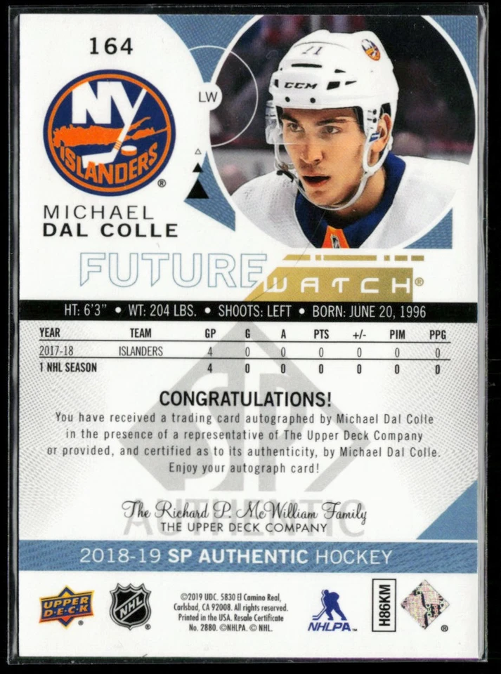 2018-19 SP Authentic #164 Michael Dal Colle RC 515/999 - Image 2 of 2