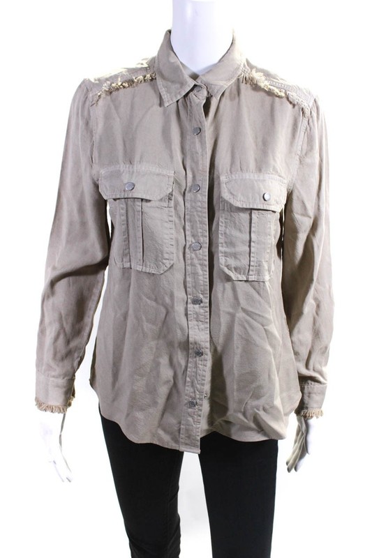 Etienne Marcel Womens Collared Frayed Button Down Blouse Beige Green Size XS LL1