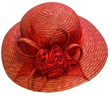 Bright Red Women's Derby Wide Brim Straw Embellished Hat Satin Band Fabric Rose