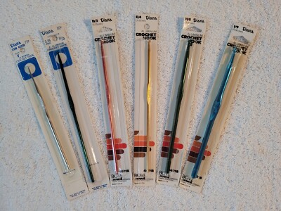 New Metal Set of 6 Diana Boye Crochet Hooks Multi Colors Sizes 7,D,D,E,H, & I