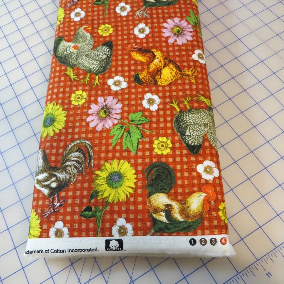 21" Long, Barnyard Chickens, Floral On Red $3.99 Ships ANY Amount Of Fabric! - Image 2 of 3