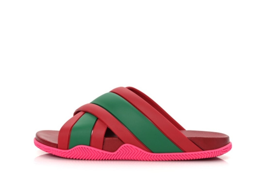 GUCCI Rubber Web Womens Criss Cross Slide Sandals Coral New