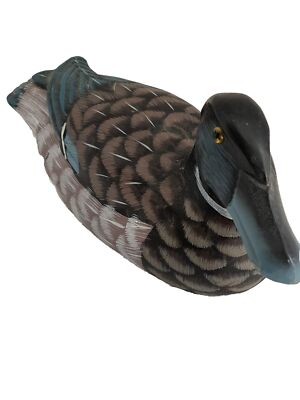 Hand Painted Wood DUCK DECOY Bird Hand Carved Blue Black White 8 x 4 