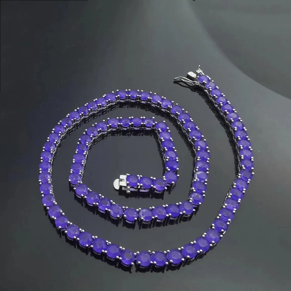 14K White Gold Over Women 25Ct Round Created Sapphire Luxury Tennis Necklace 18" - Image 2 of 2
