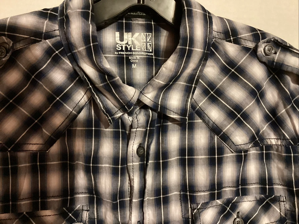 Camisa a Cuadros Estilo Reino Unido Por Conexión Francesa M Bolsillos Botones Azul Blanco Gris Foto 2 de 4