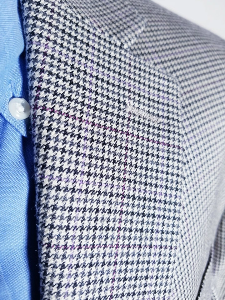 Blazer de tweed 42S Ralph Lauren rosa roxo xadrez lã de seda jaqueta casaco esportivo - Imagem 3 de 4