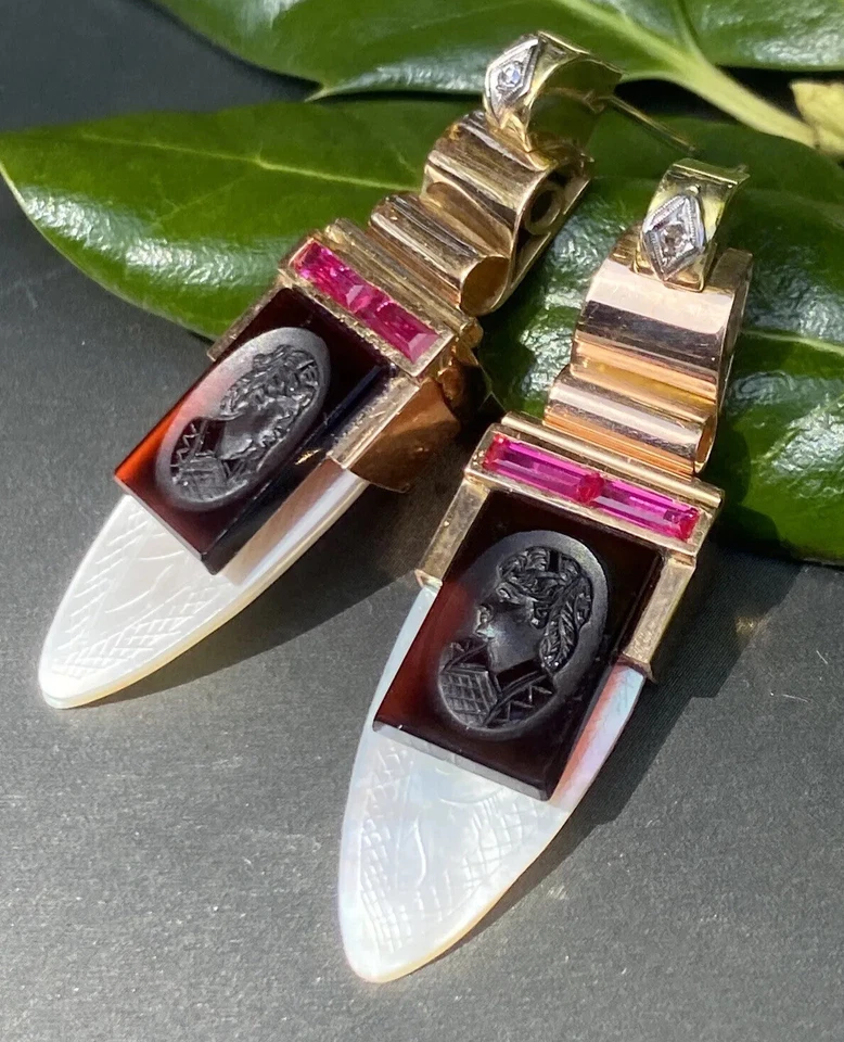 Vintage Diamond Earrings Pearl Cameo 18K Yellow Gold Ruby Estate Fine Jewelry - Image 4 of 4