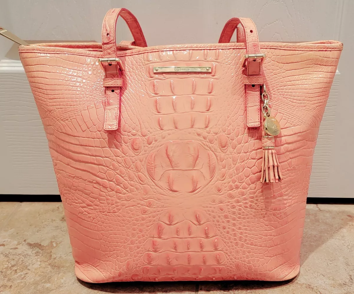 Brahmin Pink Leather Croc Women’s Shoulder Tote Handbag Purse Tassel EUC